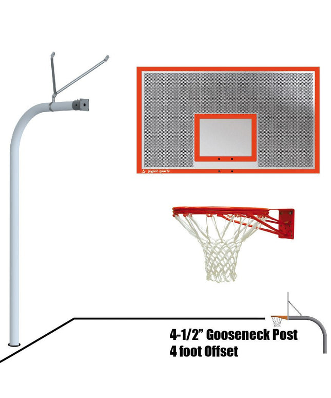 Jaypro Sports Basketball System - Gooseneck (4 - 1/2 in. Pole with 4 ft. Offset) - 72 in. Perforated Steel Board - Double Rim Goal | 996 - PERF - DR 996-PERF-DR - Play and Sync