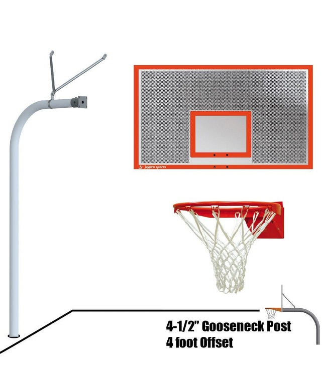 Jaypro Sports Basketball System - Gooseneck (4 - 1/2 in. Pole with 4 ft. Offset) - 72 in. Perforated Steel Board - Flex Rim Goal | 996 - PERF - FR 996-PERF-FR - Play and Sync