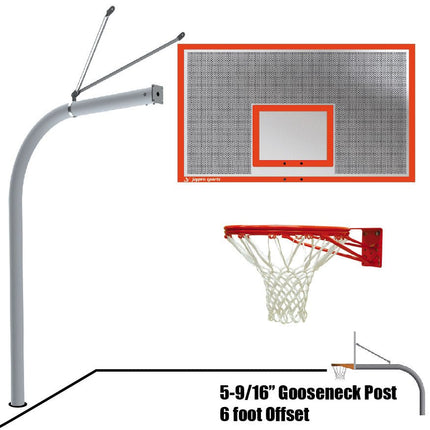 Jaypro Sports Basketball System - Gooseneck (5 - 9/16 in. Pole with 6 ft. Offset) - 72 in. Perforated Steel Backboard - Double Rim Goal | 656 - PERF - DR 656-PERF-DR - Play and Sync
