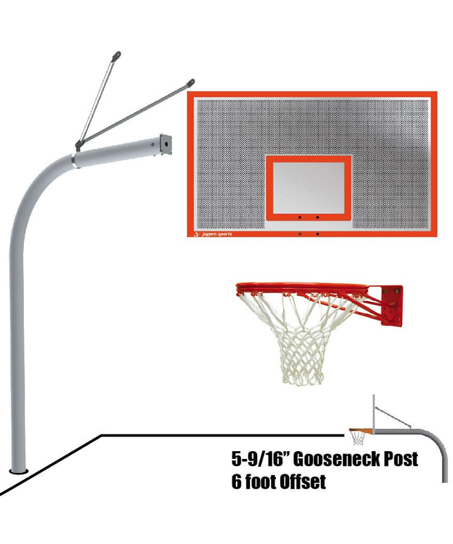 Jaypro Sports Basketball System - Gooseneck (5 - 9/16 in. Pole with 6 ft. Offset) - 72 in. Perforated Steel Backboard - Double Rim Goal | 656 - PERF - DR 656-PERF-DR - Play and Sync