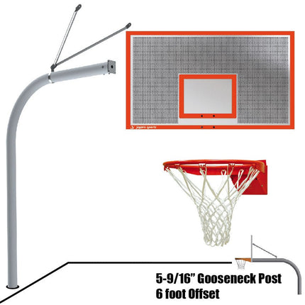 Jaypro Sports Basketball System - Gooseneck (5 - 9/16 in. Pole with 6 ft. Offset) - 72 in. Perforated Steel Backboard - Flex Rim Goal | 656 - PERF - FR 656-PERF-FR - Play and Sync