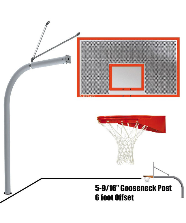 Jaypro Sports Basketball System - Gooseneck (5 - 9/16 in. Pole with 6 ft. Offset) - 72 in. Perforated Steel Backboard - Playground Goal | 656 - PERF - UG 656-PERF-UG - Play and Sync