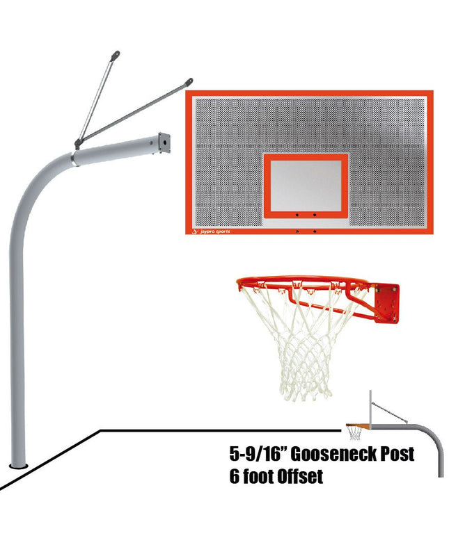 Jaypro Sports Basketball System - Gooseneck (5 - 9/16 in. Pole with 6 ft. Offset) - 72 in. Perforated Steel Backboard - Super Goal | 656 - PERF - SG 656-PERF-SG - Play and Sync