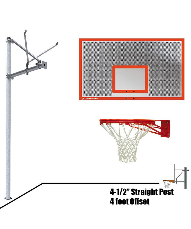 Jaypro Sports Basketball System - Straight Post (4 - 1/2 in. Pole with 4 ft. Offset) - 72 in. Perforated Aluminum Backboard - Double Rim | SPA4 - ALP - DR SPA4-ALP-DR - Play and Sync