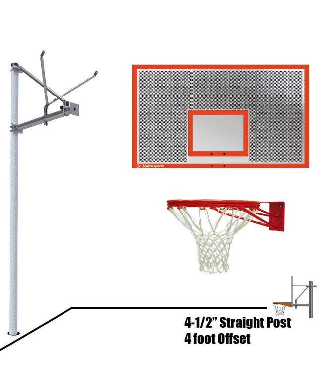 Jaypro Sports Basketball System - Straight Post (4 - 1/2 in. Pole with 4 ft. Offset) - 72 in. Perforated Steel Backboard - Double Rim | SPA4 - PERF - DR SPA4-PERF-DR - Play and Sync