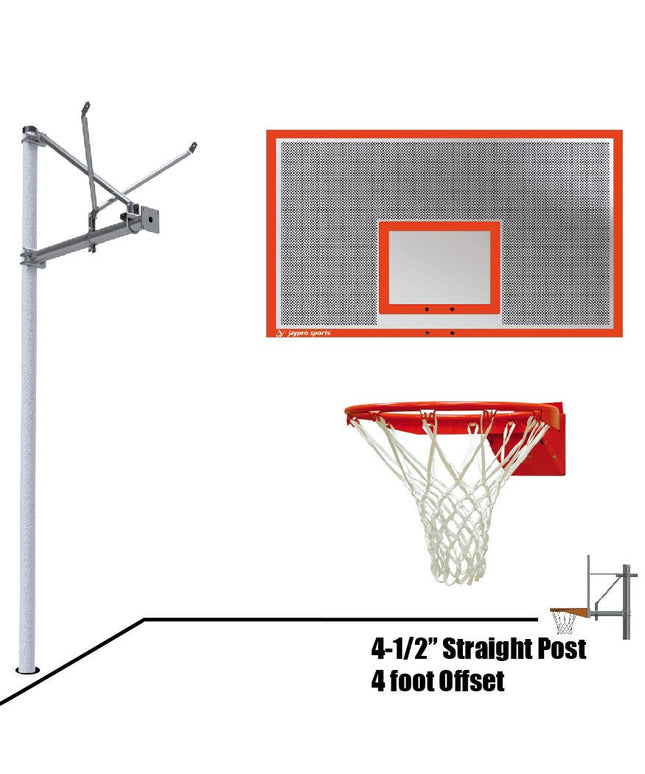 Jaypro Sports Basketball System - Straight Post (4 - 1/2 in. Pole with 4 ft. Offset) - 72 in. Perforated Steel Backboard - Flex Rim Goal | SPA4 - PERF - FR SPA4-PERF-FR - Play and Sync