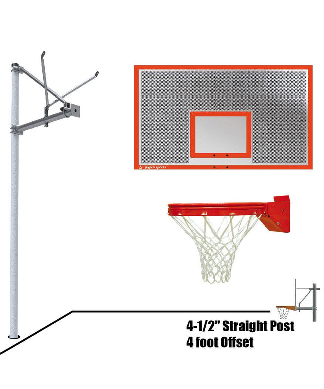 Jaypro Sports Basketball System - Straight Post (4 - 1/2 in. Pole with 4 ft. Offset) - 72 in. Perforated Steel Backboard - Playground Breakaway Goal | SPA4 - PERF - UB SPA4-PERF-UB - Play and Sync