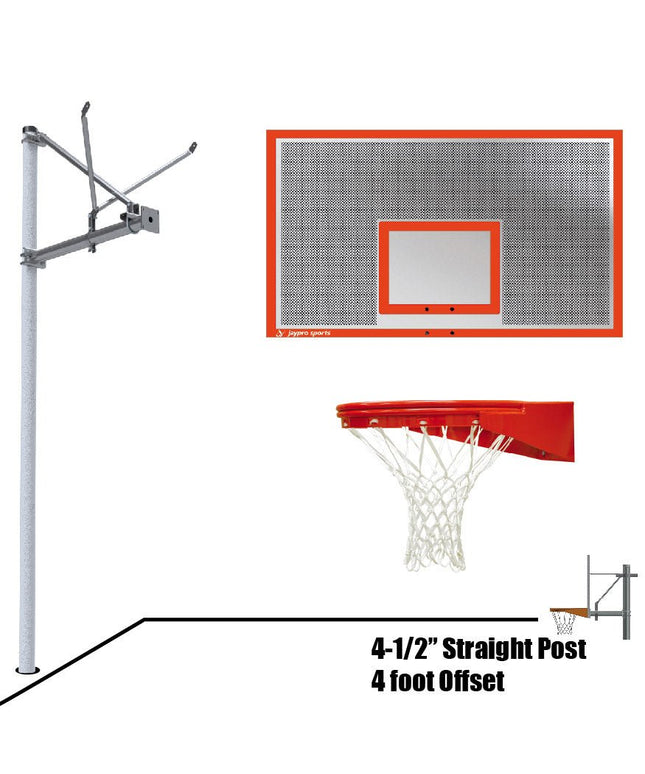 Jaypro Sports Basketball System - Straight Post (4 - 1/2 in. Pole with 4 ft. Offset) - 72 in. Perforated Steel Backboard - Playground Goal | SPA4 - PERF - UG SPA4-PERF-UG - Play and Sync
