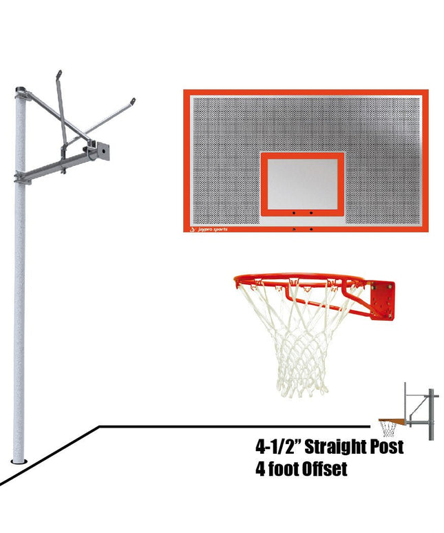 Jaypro Sports Basketball System - Straight Post (4 - 1/2 in. Pole with 4 ft. Offset) - 72 in. Perforated Steel Backboard - Super Goal | SPA4 - PERF - SG SPA4-PERF-SG - Play and Sync