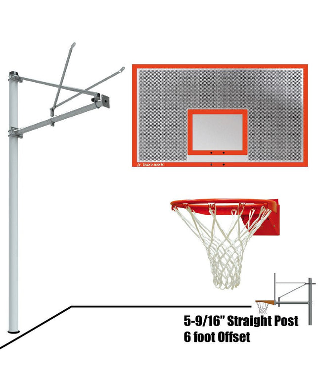 Jaypro Sports Basketball System - Straight Post (5 - 9/16 in. Pole with 6 ft. Offset) - 72 in. Perforated Aluminum Backboard - Flex Rim Goal | SPA6 - ALP - FR SPA6-ALP-FR - Play and Sync