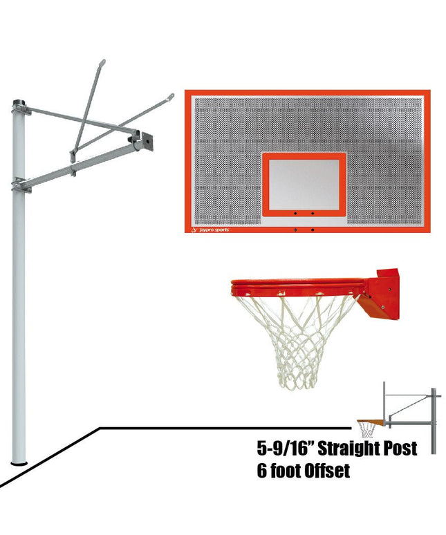Jaypro Sports Basketball System - Straight Post (5 - 9/16 in. Pole with 6 ft. Offset) - 72 in. Perforated Aluminum Backboard - Playground Breakaway Goal | SPA6 - ALP - UB SPA6-ALP-UB - Play and Sync