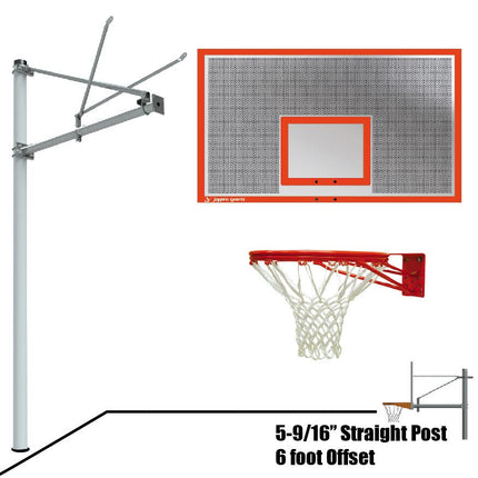 Jaypro Sports Basketball System - Straight Post (5 - 9/16 in. Pole with 6 ft. Offset) - 72 in. Perforated Steel Backboard - Double Rim | SPA6 - PERF - DR SPA6-PERF-DR - Play and Sync