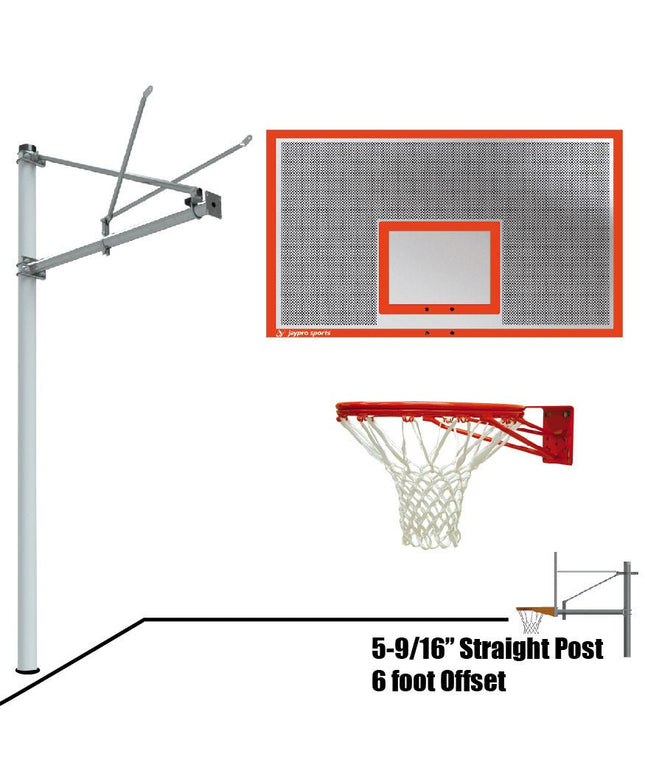 Jaypro Sports Basketball System - Straight Post (5 - 9/16 in. Pole with 6 ft. Offset) - 72 in. Perforated Steel Backboard - Double Rim | SPA6 - PERF - DR SPA6-PERF-DR - Play and Sync