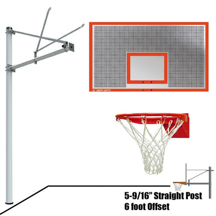 Jaypro Sports Basketball System - Straight Post (5 - 9/16 in. Pole with 6 ft. Offset) - 72 in. Perforated Steel Backboard - Flex Rim Goal | SPA6 - PERF - FR SPA6-PERF-FR - Play and Sync