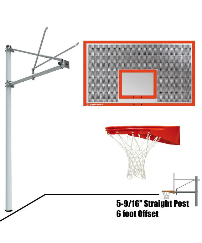 Jaypro Sports Basketball System - Straight Post (5 - 9/16 in. Pole with 6 ft. Offset) - 72 in. Perforated Steel Backboard - Playground Goal | SPA6 - PERF - UG SPA6-PERF-UG - Play and Sync