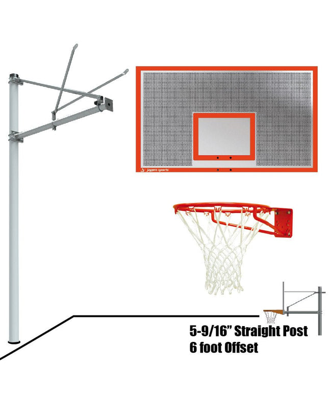 Jaypro Sports Basketball System - Straight Post (5 - 9/16 in. Pole with 6 ft. Offset) - 72 in. Perforated Steel Backboard - Super Goal | SPA6 - PERF - SG SPA6-PERF-SG - Play and Sync
