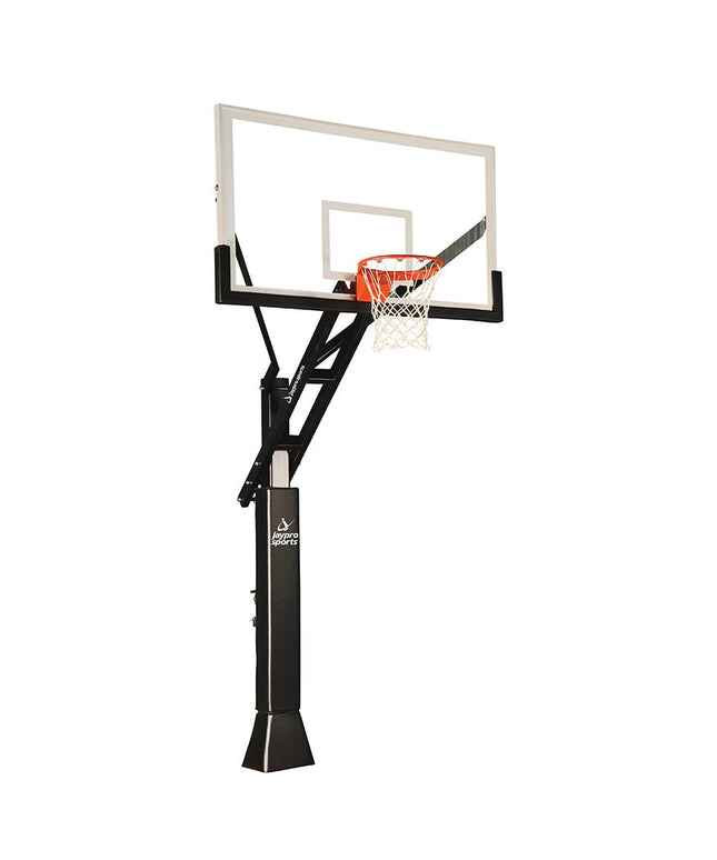 Jaypro Sports Basketball System - Titan Adjustable Series (6 in.x 6 in. Pole with 4 ft. Offset) - 72 in. Tempered Glass Backboard, Playground Goal, and Edge/Protector Padding | CV664A CV664A - Play and Sync