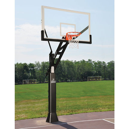 Jaypro Sports Basketball System - Titan Adjustable Series (6 in.x 8 in. Pole with 4 ft. Offset) - 72 in. Tempered Glass Backboard, Playground Goal, and Edge/Protector Padding | CV684A CV684A - Play and Sync