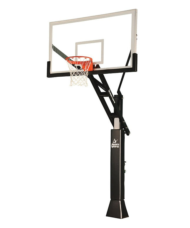 Jaypro Sports Basketball System - Titan Adjustable Series (6 in.x 8 in. Pole with 4 ft. Offset) - 72 in. Tempered Glass Backboard, Playground Goal, and Edge/Protector Padding | CV684A CV684A - Play and Sync