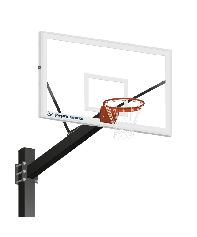 Jaypro Sports Basketball System - Titan (Powder Coated) Black (6 in. x 6 in. Pole with 6 ft. Offset) - 72 in. Glass Backboard - Flex Rim Goal (Surface Mount) | 772 - CV - FR 772-CV-FR - Play and Sync