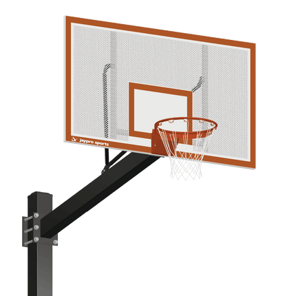 Jaypro Sports Basketball System - Titan (Powder Coated) Black (6 in. x 6 in. Pole with 6 ft. Offset) - 72 in. Perforated Steel Backboard - Flex Rim Goal | 770 - PF - FR 770-PF-FR - Play and Sync