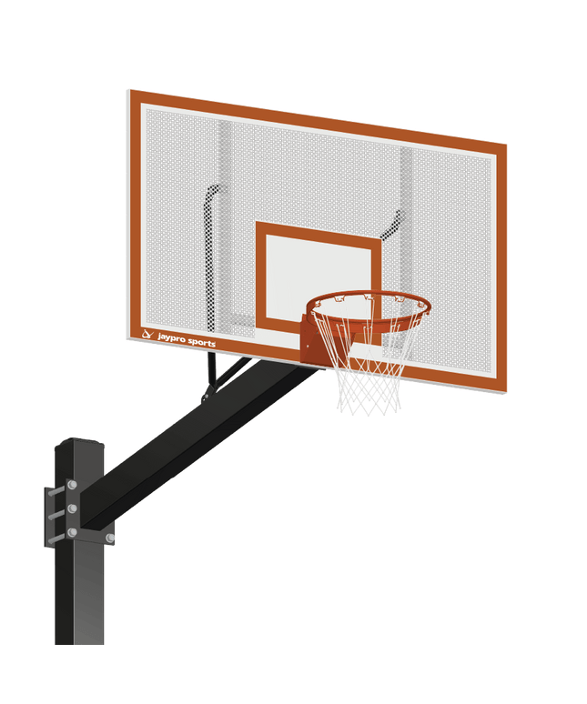 Jaypro Sports Basketball System - Titan (Powder Coated) Black (6 in. x 6 in. Pole with 6 ft. Offset) - 72 in. Perforated Steel Backboard - Flex Rim Goal (Surface Mount) | 772 - PF - FR 772-PF-FR - Play and Sync