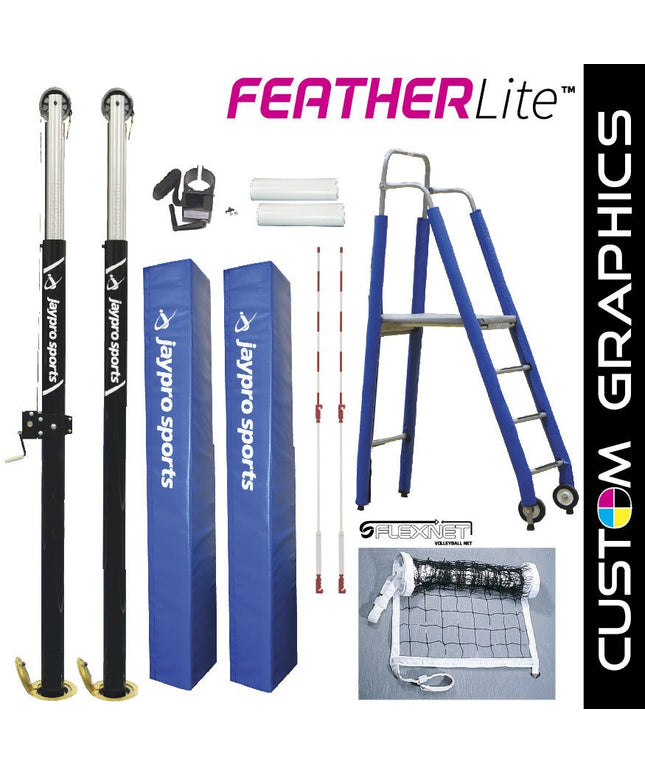 Jaypro Sports FeatherLite Volleyball System Deluxe Package with Custom Graphics (3 - 1/2 in. Floor Sleeve) - NFHS, NCAA, USVBA Compliant | PVB - 5PKGDX PVB-5PKGDX - Play and Sync