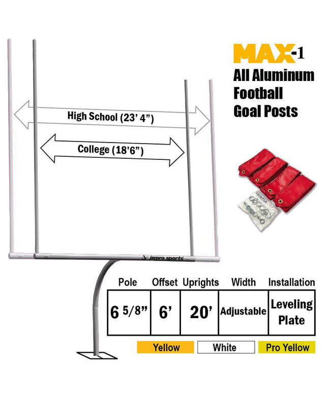 Jaypro Sports Football Goal Posts - 6 - 5/8 in. Pole | 6 ft. Offset | 20 ft. Uprights | Expandable Crossbar | Leveling Plate - Max - 1 | FBGP - 420AX FBGP-420AX - Play and Sync