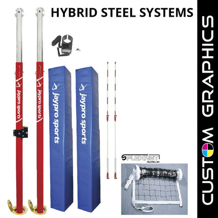 Jaypro Sports Hybrid Steel Volleyball Net System with Custom Graphics (3 in. Floor Sleeve) - NFHS, NCAA, USVBA Compliant | PVB - 3000DX PVB-3000DX - Play and Sync