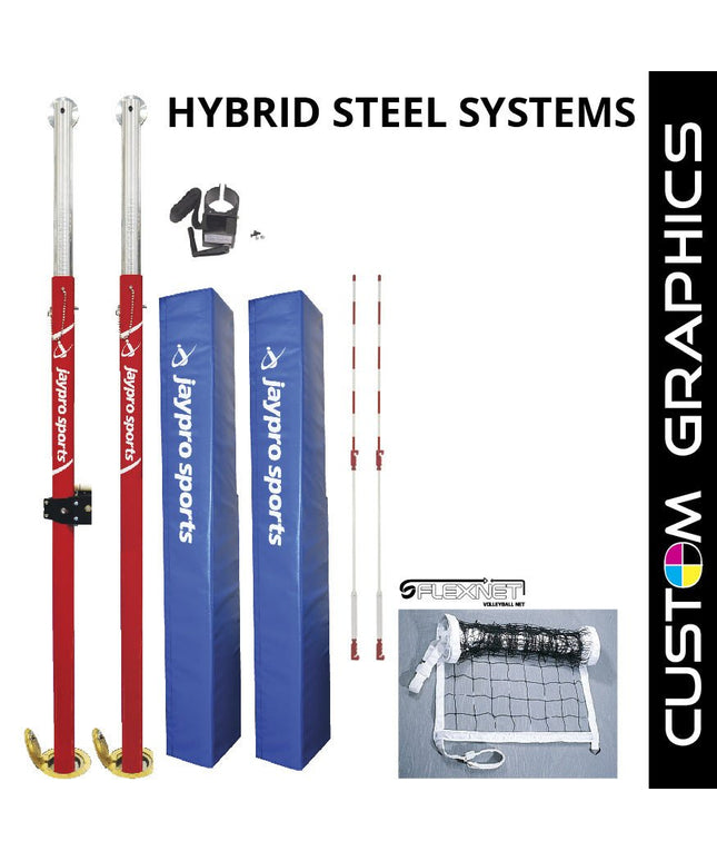 Jaypro Sports Hybrid Steel Volleyball Net System with Custom Graphics (3 in. Floor Sleeve) - NFHS, NCAA, USVBA Compliant | PVB - 3000DX PVB-3000DX - Play and Sync