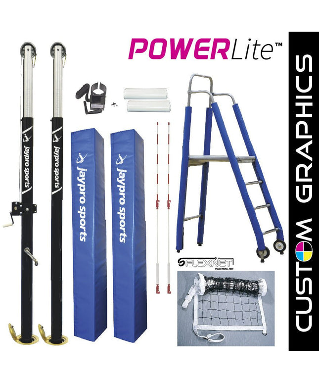 Jaypro Sports PowerLite Volleyball System Deluxe Package with Custom Graphics (3 - 1/2 in. Floor Sleeve) - NFHS, NCAA, USVBA Compliant | PVB - 7PKGDX PVB-7PKGDX - Play and Sync