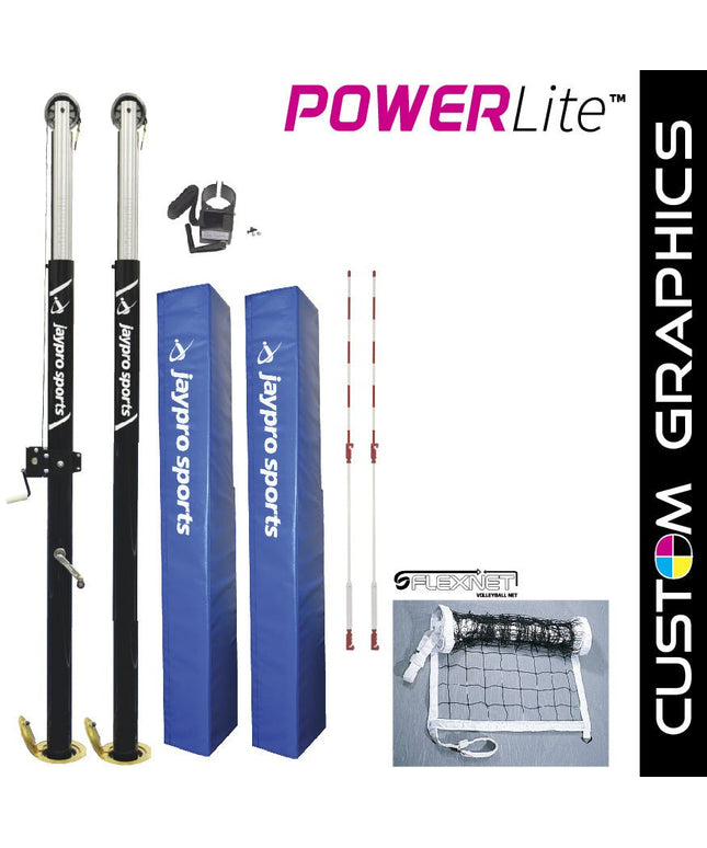 Jaypro Sports PowerLite Volleyball System with custom graphics (3 - 1/2 in. Floor Sleeve) - NFHS, NCAA, USVBA Compliant | PVB - 7000DX PVB-7000DX - Play and Sync
